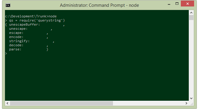 node in windows command prompt, with invisible text